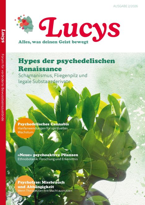 Eine Zeitschrift mit dem Titel "Lucys" und dem Slogan "Alles, was deinen Geist bewegt". Blätter und ein Gesicht im Hintergrund.
