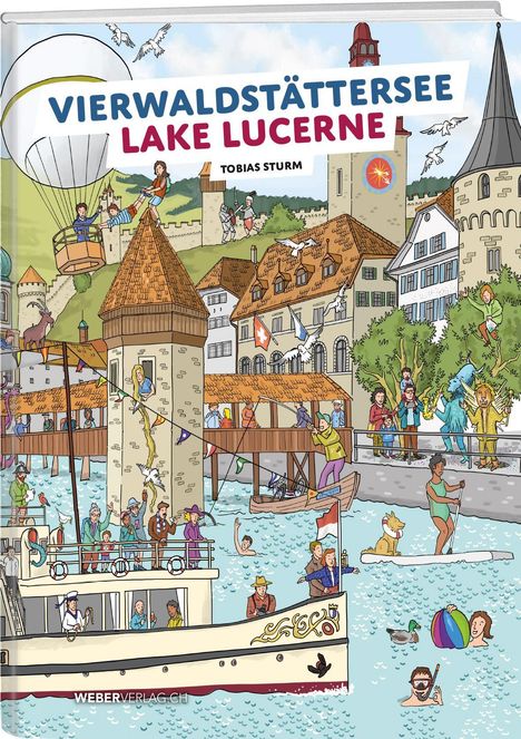 Text: "VIERWALDSTÄTTERSEE LAKE LUCERNE" und "TOBIAS STURM". Illustration von Touristen und Aktivitäten an einem Seeufer.