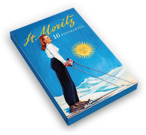 Text: "St. Moritz, 16 Postkarten". Illustration: Frau beim Skifahren, sonniger Himmel mit stilisierter Sonnendarstellung.