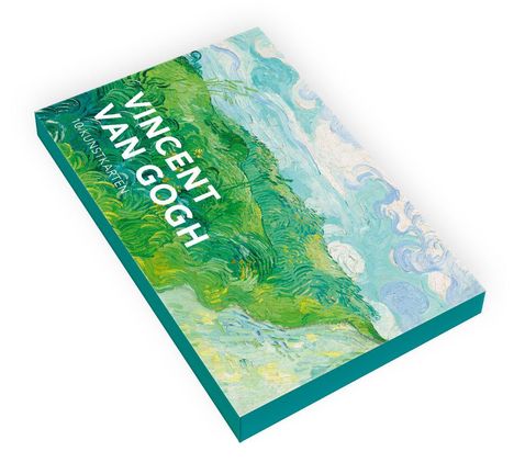 "VINCENT VAN GOGH, 10 KUNSTKARTEN" steht im Vordergrund. Eine grüne Landschaft mit dynamischen Pinselstrichen.