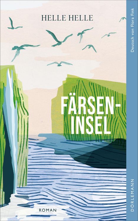 Text: "Färseninsel" und "Helle Helle". Illustration: Grüne Klippen, Wasserfall und fliegende Vögel.