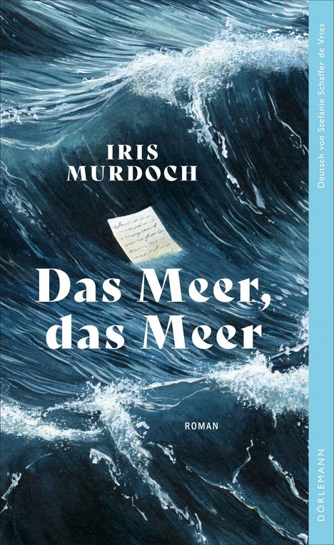 „Das Meer, das Meer“ von Iris Murdoch. Illustration von aufgewühltem Meer mit einem Brief im Wasser.