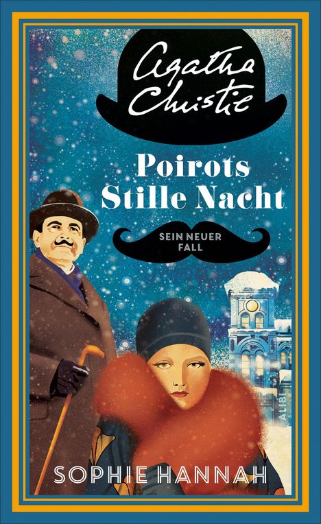 „Agatha Christie“, „Poirots Stille Nacht“, „Sein neuer Fall“, „Sophie Hannah“. Illustration: Poirot mit Frau im Winter.