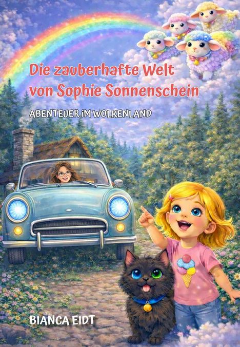 Text oben: "Die zauberhafte Welt von Sophie Sonnenschein. Abenteuer im Wolkenland." Illustration eines Mädchens mit Katze.