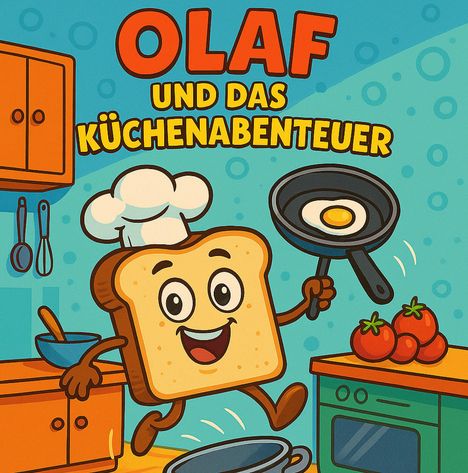 "Olaf und das Küchenabenteuer" in bunten Buchstaben. Ein lustiges Toastbrot mit Kochmütze, Pfanne und Küche im Hintergrund.