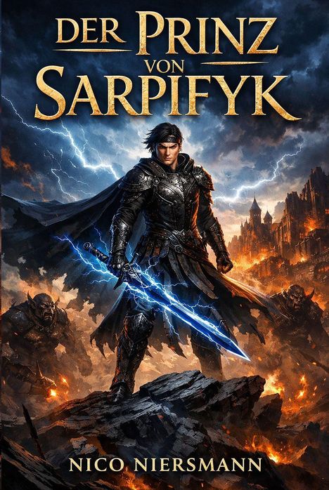 "Der Prinz von Sarpifyk" und "Nico Niersmann" sind in goldener Schrift über einer Fantasy-Szene mit Krieger.