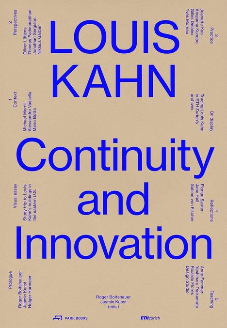 Großer, blauer Text: "LOUIS KAHN Continuity and Innovation". Verschiedene kleinere Texte wie Namen und Themen gruppiert.