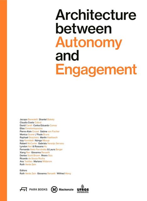 Titel: "Architecture between Autonomy and Engagement." Autorenliste in Orange und Schwarz. Drei Logos unten.