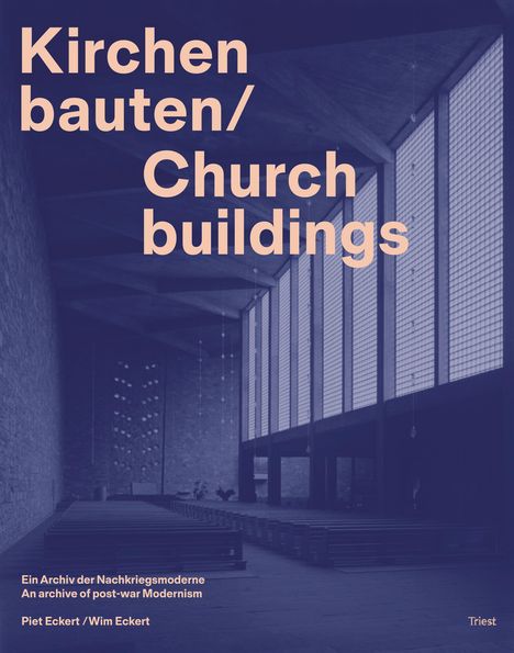 Titel: "Kirchenbauten/Church buildings". Innenansicht einer Kirche mit hohen Decken, modernen Details und Kirchenbänken.