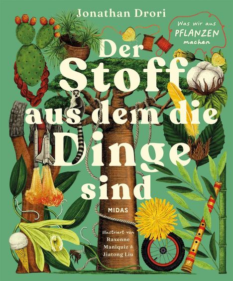 Buchtitel: "Der Stoff aus dem die Dinge sind". Illustration mit verschiedenen Pflanzen und naturbezogenen Objekten.