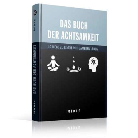 Buchcover mit "Das Buch der Achtsamkeit", "40 Wege zu einem achtsameren Leben". Symbole: meditierende Figur, Wassertröpfchen, Kopf mit Glühbirne.