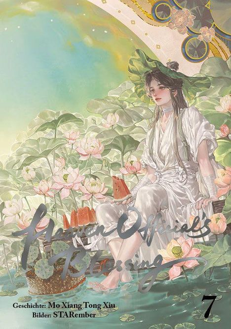 "Heaven Official's Blessing", Geschichte von Mo Xiang Tong Xiu, Bilder von STARember. Mann in weiß sitzt in Lotussee.