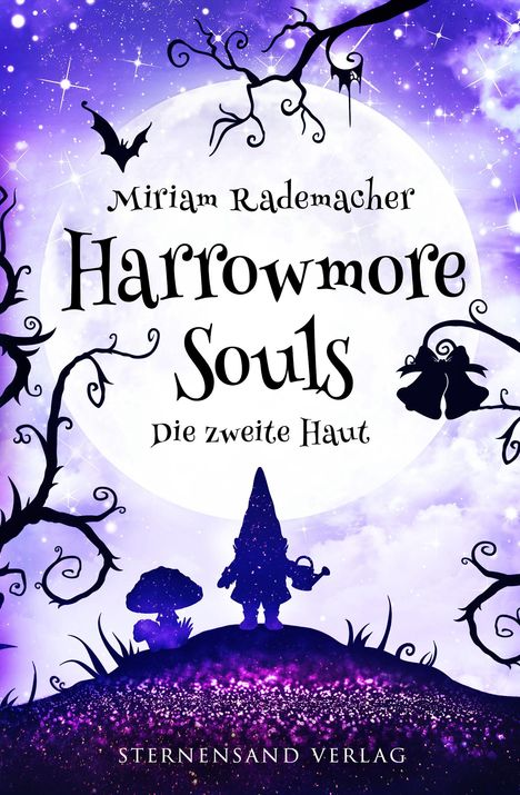 Titel: "Harrowmore Souls - Die zweite Haut" von Miriam Rademacher. Silhouetten eines Zwergs und Pilzes vor Mond.