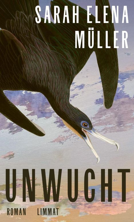 UNWUCHT. Sarah Elena Müller. Ein schwarzer Vogel fliegt vor einem farbig wolkigen Himmel.