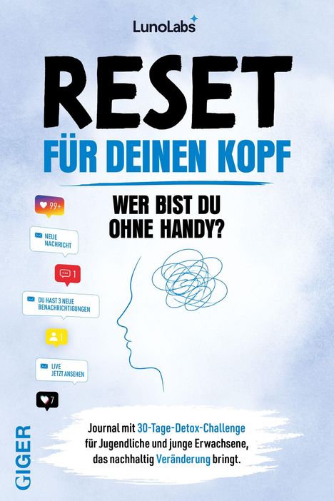 "Reset für deinen Kopf. Wer bist du ohne Handy?" Illustration eines Profils mit verwirrtem Kopf und App-Benachrichtigungen.