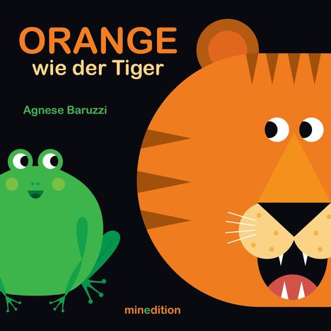 "Orange wie der Tiger" zeigt eine Illustrations mit einem grünen Frosch und einem stilisierten orangefarbenen Tigerkopf.