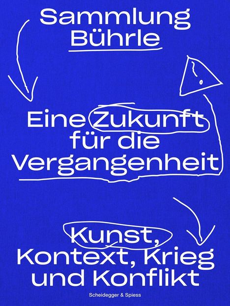 "Sammlung Bührle. Eine Zukunft für die Vergangenheit. Kunst, Kontext, Krieg und Konflikt." Weiße Schrift auf blauem Hintergrund, umgeben von handgezeichneten Pfeilen und Kreisen.
