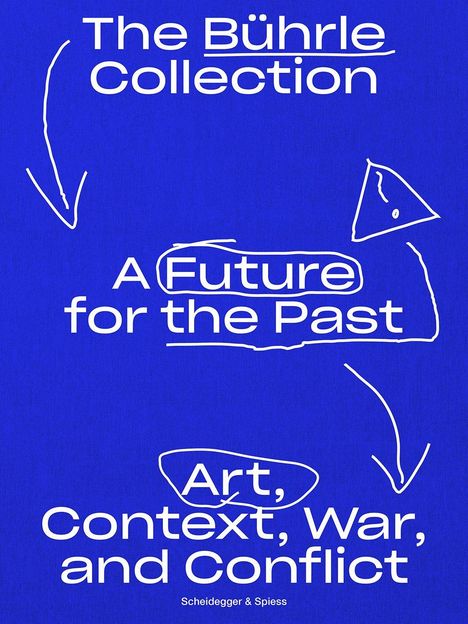 "The Bührle Collection: A Future for the Past, Art, Context, War, and Conflict" steht in weiß auf blauem Hintergrund. Pfeile und Kreise.