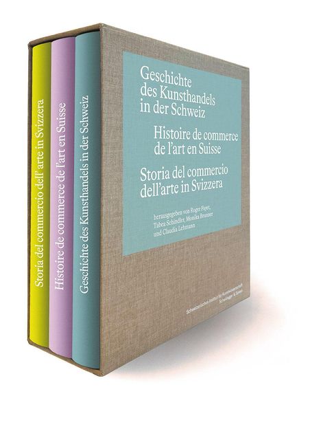 Box mit drei Büchern: **Geschichte des Kunsthandels in der Schweiz** in drei Sprachen auf dem Cover.