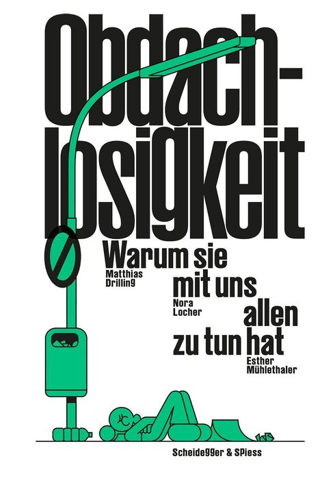 Text: "Obdachlosigkeit: Warum sie mit uns allen zu tun hat." Illustration: Person schläft unter Straßenlaterne.