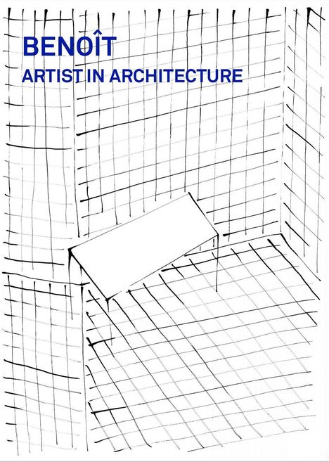 "Benoît Artist in Architecture." Eine schwarz-weiße Illustration eines gefliesten Raumes mit schwebendem Sitz.