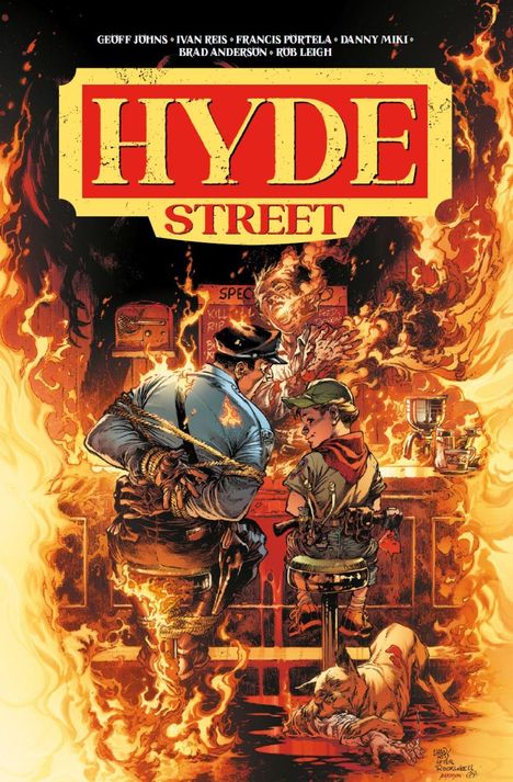 "Hyde Street" in großer Schrift. Illustration: Zwei Personen an einer Bar, umgeben von Flammen, ein schlafender Hund darunter.