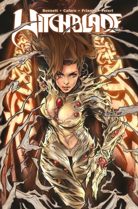 Text oben: "Bennett · Cafaro · Prianto · Peteri", mittig: "Witchblade". Illustration einer Frau in einer Rüstung mit Edelsteinen.