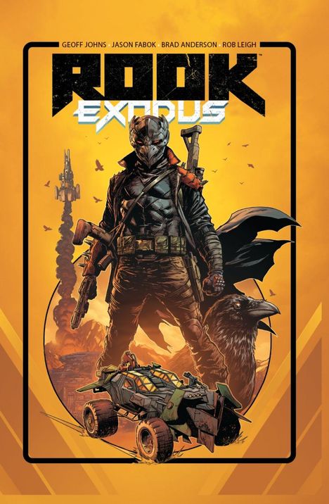 „ROOK EXODUS“ ist in schwarzer und silberner Schrift auf orangefarbenem Hintergrund. Eine gepanzerte Figur mit Vogel.