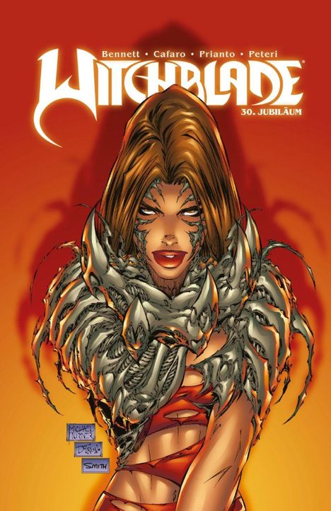 "Witchblade 30. Jubiläum" steht oben. Eine Illustration zeigt eine Frau mit langen Haaren und mystischer Rüstung vor rotem Hintergrund.