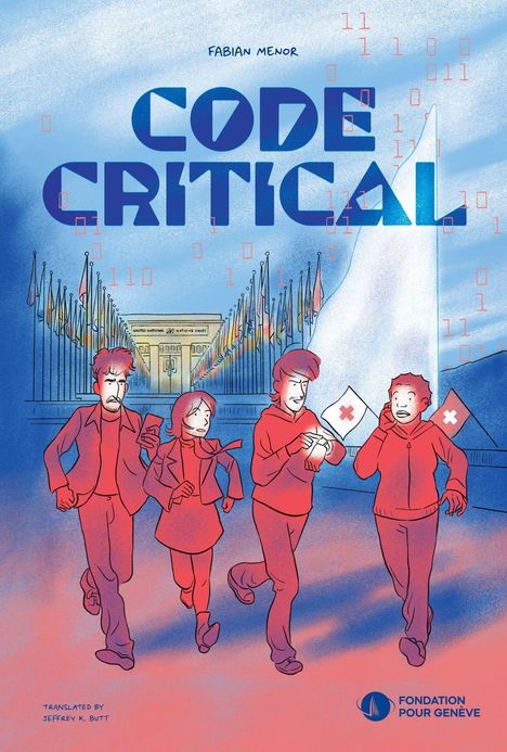 "CODE CRITICAL" steht groß in der Mitte. Darunter rennen vier Figuren, im Hintergrund sind Flaggen.