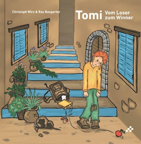 „Christoph Wirz & Ray Bangerter. Tomi – Vom Loser zum Winner.“ Junge mit orangefarbenem Haar steht traurig vor Treppe.