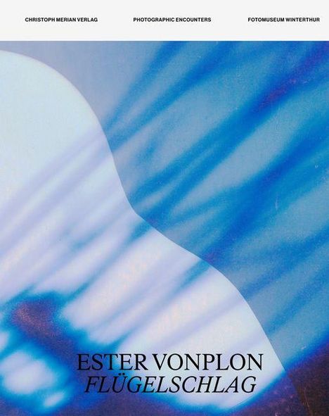 "Ester Vonplon Flügelschlag". Abstrakte blaue und weiße Farbübergänge und Schatteneffekte.