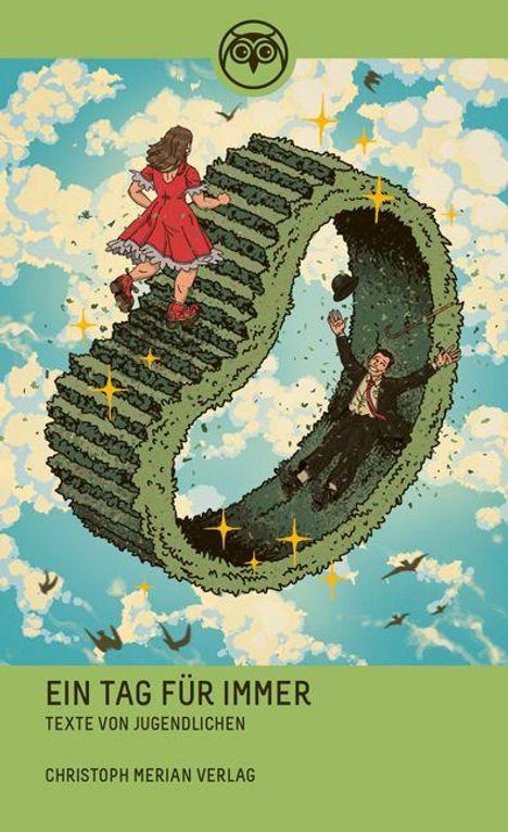 "Ein Tag für immer. Texte von Jugendlichen. Christoph Merian Verlag." Eine Illustration von zwei Personen auf einer Moebius-Schleife.