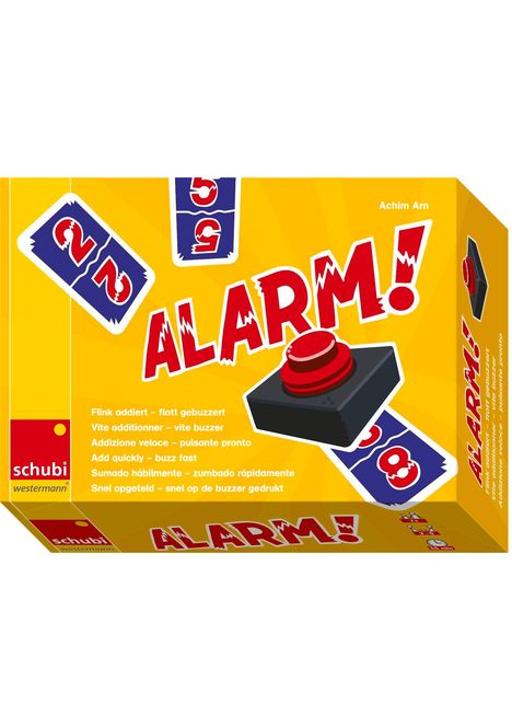 ALARM! Flink addiert – flott gebuzzert. Gelbe Box mit rotem Knopf, Spielkarten mit Zahlen. Logo: Schubi Westermann.