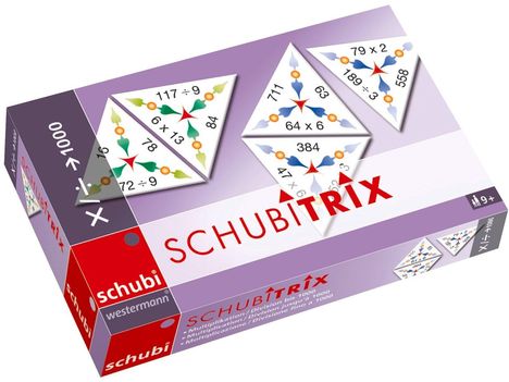 "Schubitrix", "Multiplikation/Division bis 1000". Untere Ecke: "9+ Jahre", Diagramme mit Dreiecken und Rechnungen.