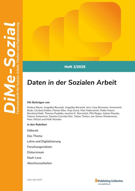 DiMe-Sozial, Heft 2/2025, "Daten in der Sozialen Arbeit", Autoren und Rubriken wie Editorial und Abschlussarbeiten.