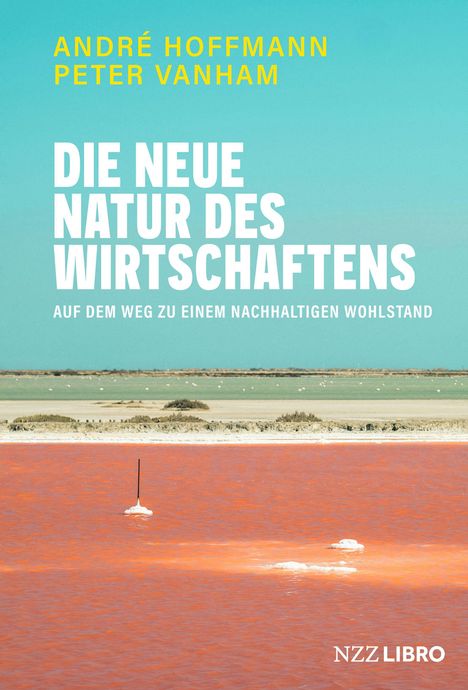 "Die neue Natur des Wirtschaftens", André Hoffmann, Peter Vanham. Landschaft mit rotem Wasser, türkis-blauem Himmel.