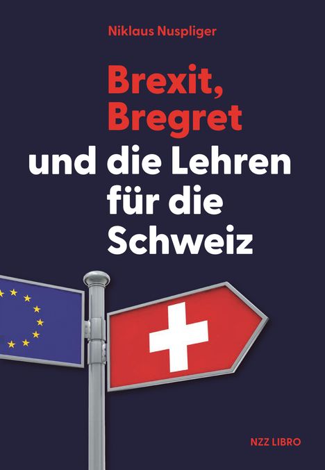 Text: "Brexit, Bregret und die Lehren für die Schweiz". Zwei Schilder, EU-Flagge links, Schweizer Flagge rechts.