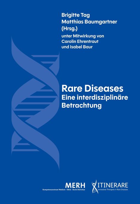 Text: "Rare Diseases: Eine interdisziplinäre Betrachtung." Illustration: stilisierte DNA-Helix auf blauem Hintergrund.