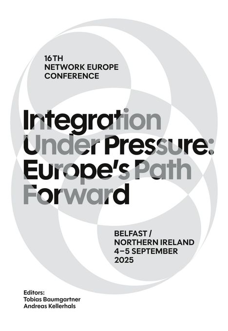16TH NETWORK EUROPE CONFERENCE: Integration Under Pressure. Belfast, 4-5 September 2025. Hintergrund mit stilisierten Kreisen.