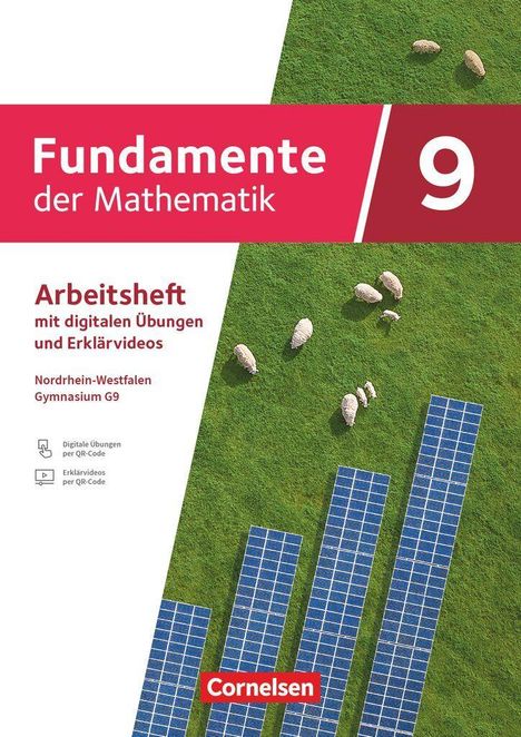 "Fundamente der Mathematik 9. Arbeitsheft, Nordrhein-Westfalen Gymnasium G9. Grüne Wiese mit Solarpanels und Schafen."