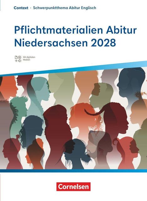 „Pflichtmaterialien Abitur Niedersachsen 2028“ steht oben. Darunter bunte Silhouetten von Profilen in verschiedenen Farben.