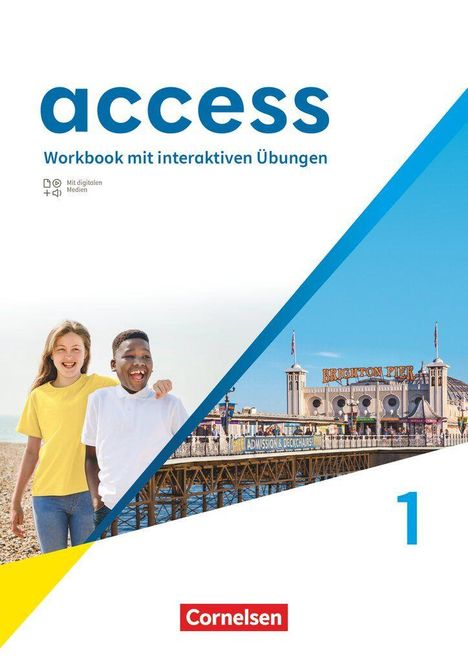 "access" und "Workbook mit interaktiven Übungen". Ein Bild zeigt zwei Kinder am Strand, ein anderes den Brighton Pier.