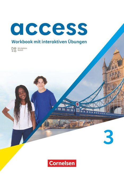 "Access, Workbook mit interaktiven Übungen, 3, Cornelsen." Zwei Jugendliche und die Tower Bridge in London, aufgeteilt durch diagonale Linie.