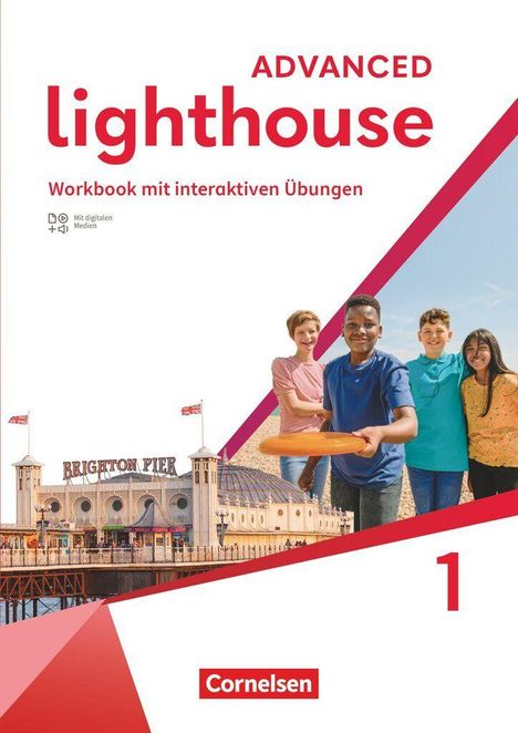 ADVANCED lighthouse, Workbook mit interaktiven Übungen. Foto von Brighton Pier, spielende Kinder, Cornelsen Logo.