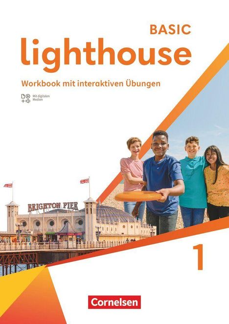 Titel: "lighthouse BASIC", "Workbook mit interaktiven Übungen", Brighton Pier, vier Jugendliche mit Frisbee.