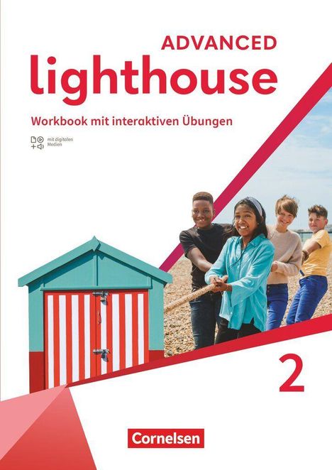ADVANCED lighthouse. Workbook mit interaktiven Übungen. Vier Kinder ziehen ein Seil am Strand. Haus in Streifen. Cornelsen.