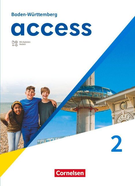 Text: Baden-Württemberg access 2, mit digitalen Medien, Cornelsen. Drei Kinder am Strand, futuristisches Gebäude.