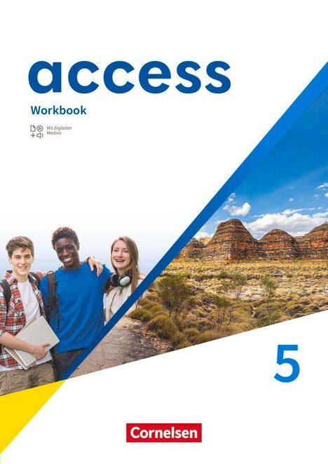 „access Workbook 5, Mit digitalen Medien“ oben; „Cornelsen“ unten. Links drei lächelnde Jugendliche, rechts Landschaft.