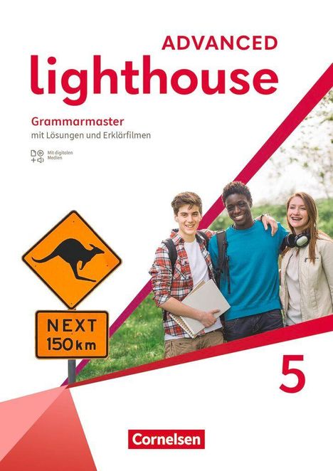 „ADVANCED lighthouse“, „Grammarmaster“, Drei Personen lächeln, Känguru-Warnzeichen „NEXT 150 km“.